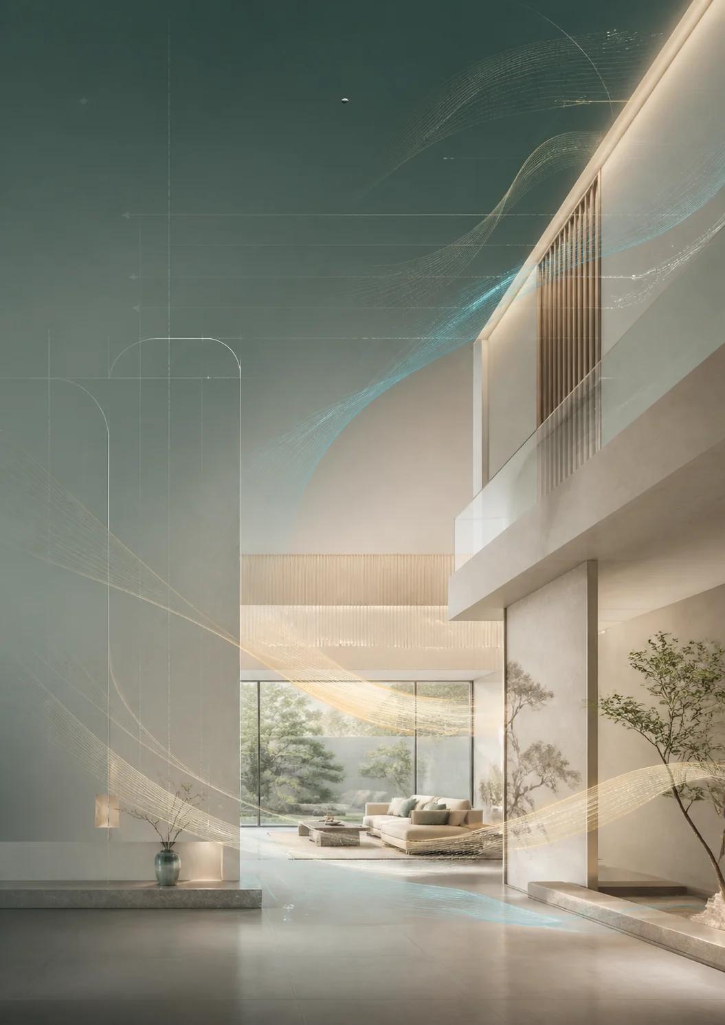 Concept illustration of an airy contemporary home with an integrated indoor climate system